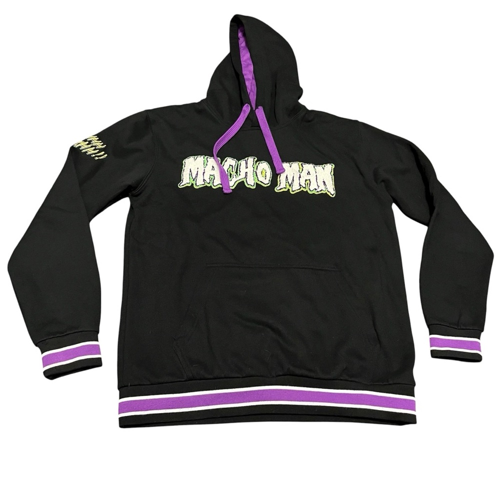 Macho Man Randy Savage Mens WWE Authentic Black/Purple Fleece Lined Hoodie Large